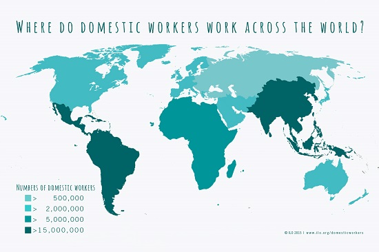 Mapa mostrando a escala do uso de trabalho doméstico nos países. O Brasil daí na frente, como um dos países que mais usa trabalho doméstico no mundo